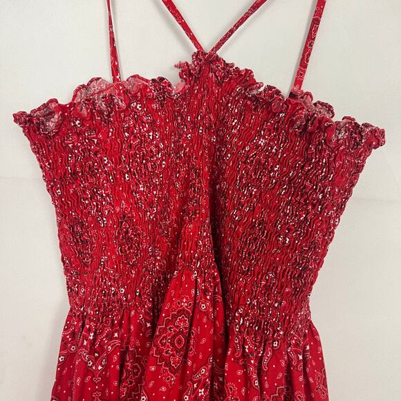 Women's Handkerchief Print Smocked Red Maxi Dress Size S/M - Picture 3 of 13